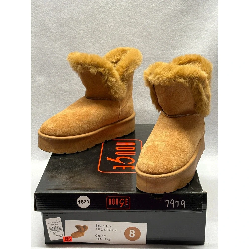 Rouge Frosty-39 Tan Faux Suede Fur Lined Platform Ankle Boots Womens 8